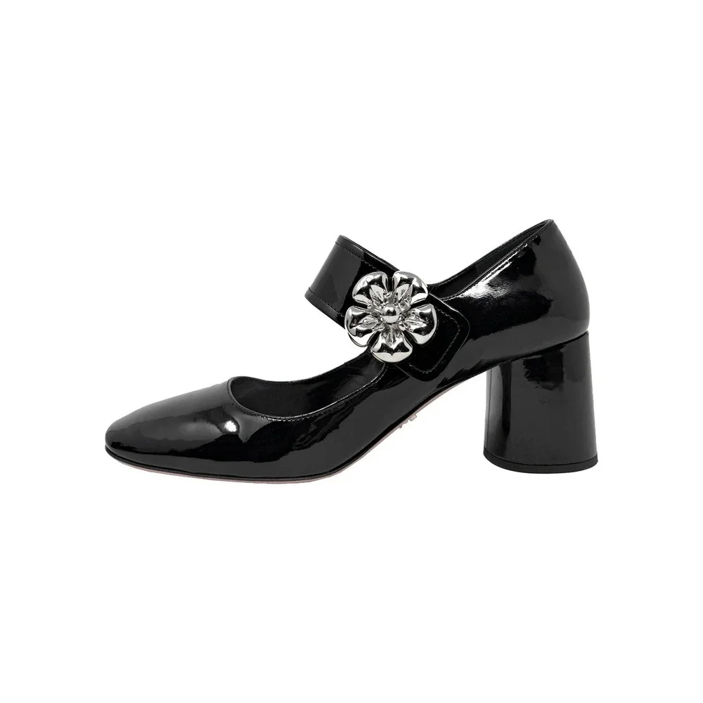 Prada Black Patent Mary Jane‎ Heels Silver Buckle Block Pumps 38.5